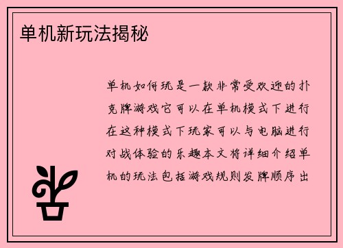单机新玩法揭秘